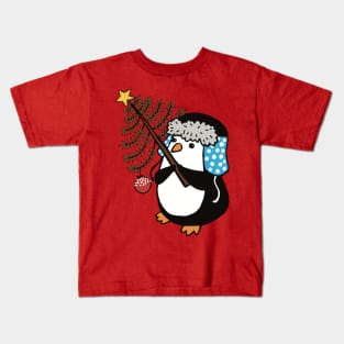 Little Penguin bringing a Christmas tree Kids T-Shirt